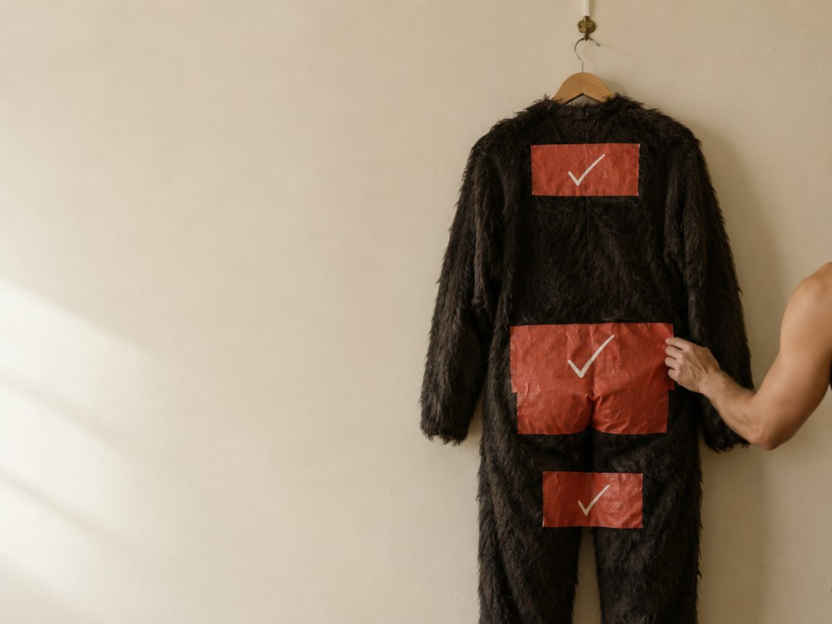Apenpak aan een hanger, met koraalrode tape en vinkjes op rug, billen en onderrug