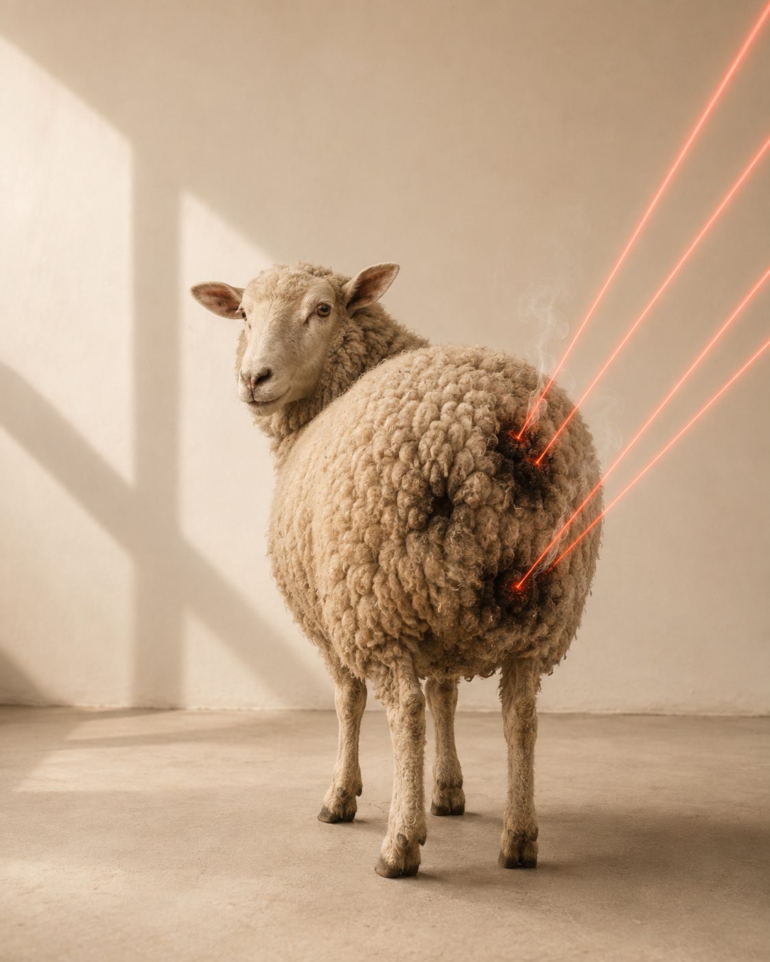 Schaap van achteren, drie laserstralen raken de klitten in de wol